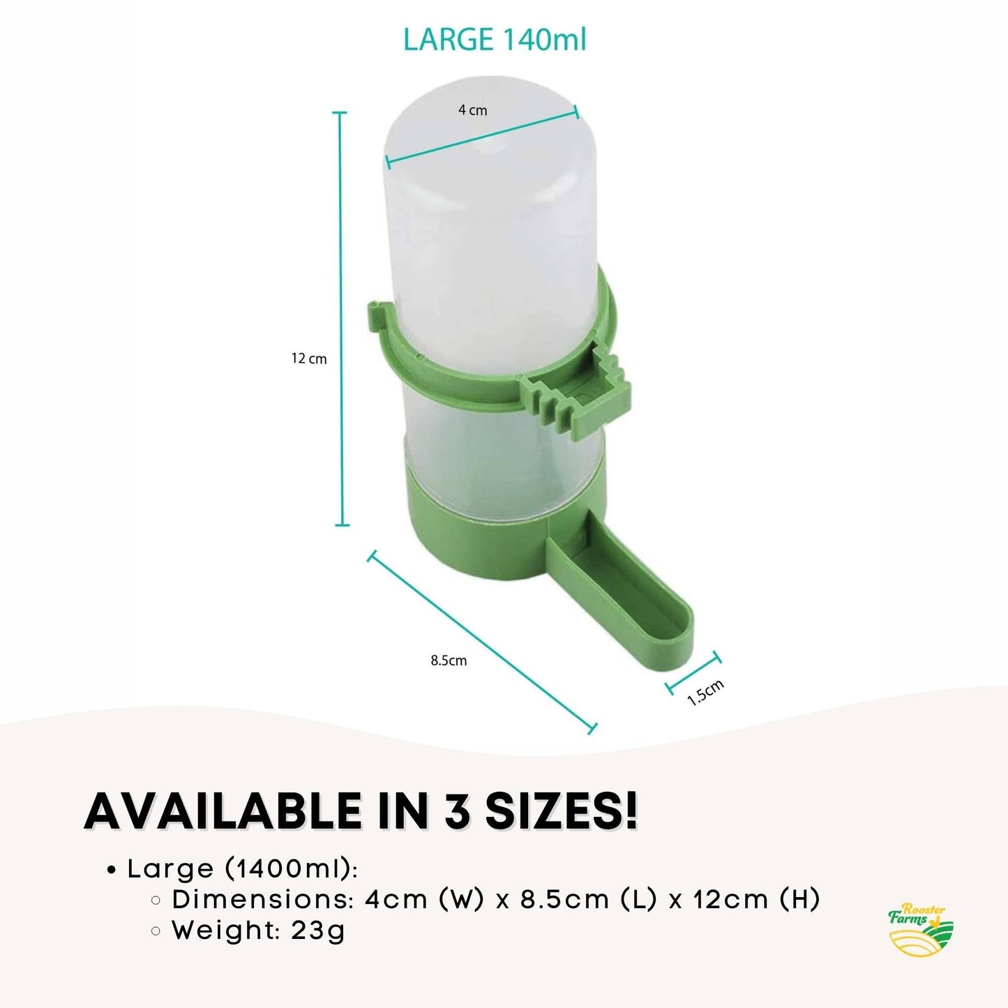 Rooster Farms Bird Cage Water Dispenser Drinker for Pet Parrot Budgie Aviary