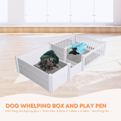 Rooster Farms PVC Dog Whelping Box + Play Pen 2.96m x 1.48m x 0.48m - Birthing Kit