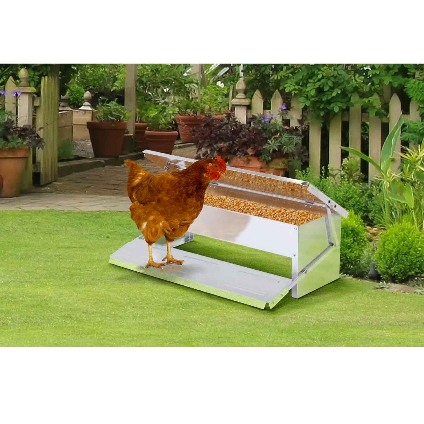 8L Automatic Chook Chicken Feeder Poultry Auto Treadle Aluminium Metal Coop