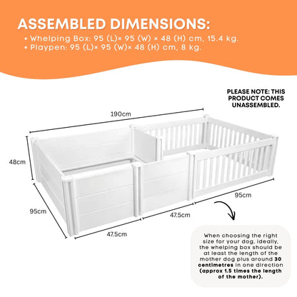Rooster Farms 1.9m x 0.95m PVC Dog Whelping Box + Playpen Kit - Anti-Crush Rail