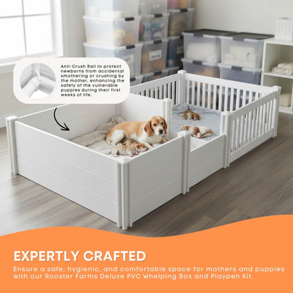 Rooster Farms 1.9m x 0.95m PVC Dog Whelping Box + Playpen Kit - Anti-Crush Rail