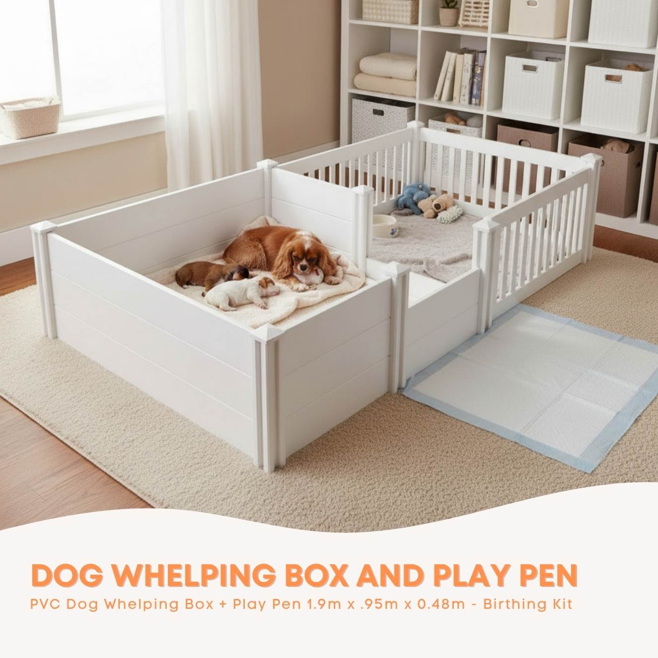Rooster Farms 1.9m x 0.95m PVC Dog Whelping Box + Playpen Kit - Anti-Crush Rail