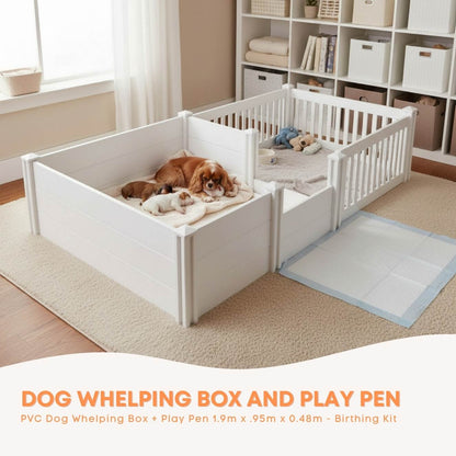 Rooster Farms 1.9m x 0.95m PVC Dog Whelping Box + Playpen Kit - Anti-Crush Rail