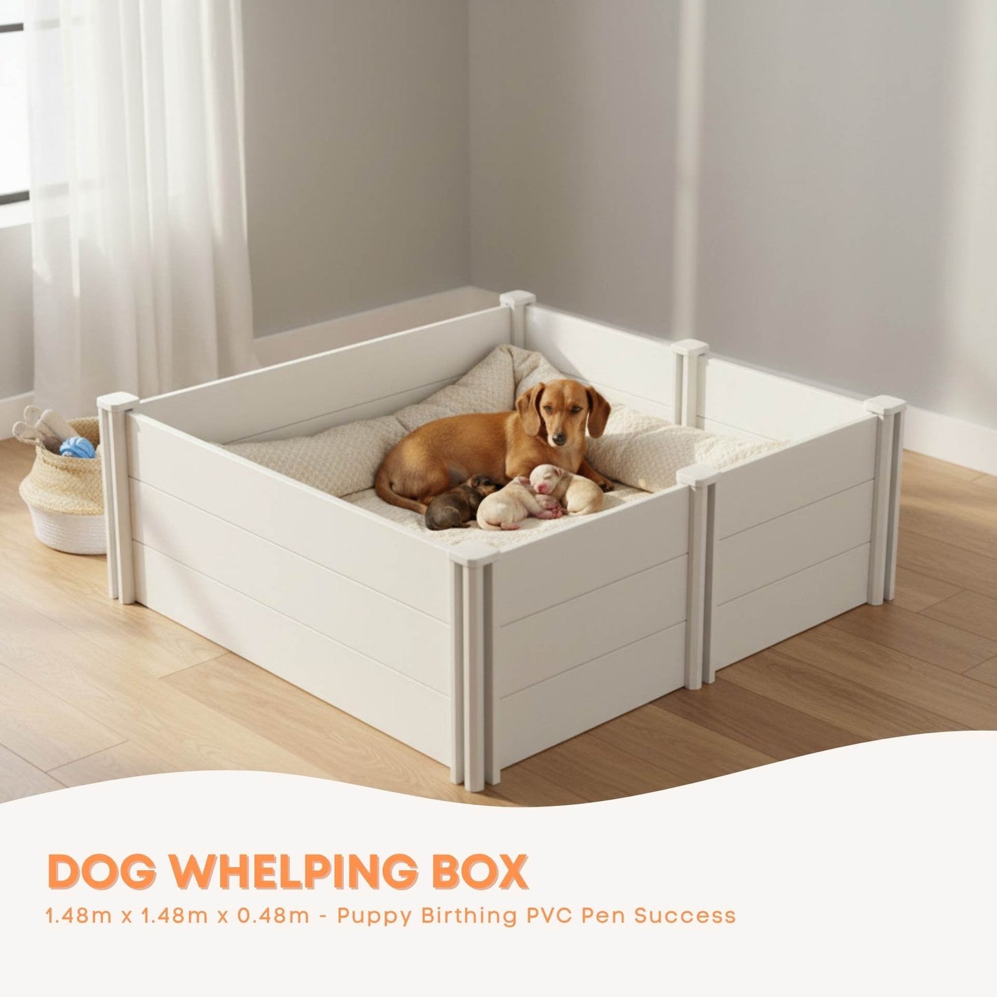 Rooster Farms 1.48m PVC Dog Whelping Box Puppy Birthing Pen - Anti-Crush Rail