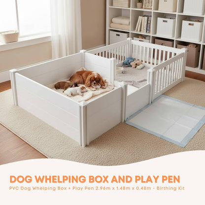 Rooster Farms 2.96m x 1.48m PVC Dog Whelping Box + Playpen Kit - Anti-Crush Rail