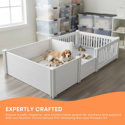 Rooster Farms 2.96m x 1.48m PVC Dog Whelping Box + Playpen Kit - Anti-Crush Rail
