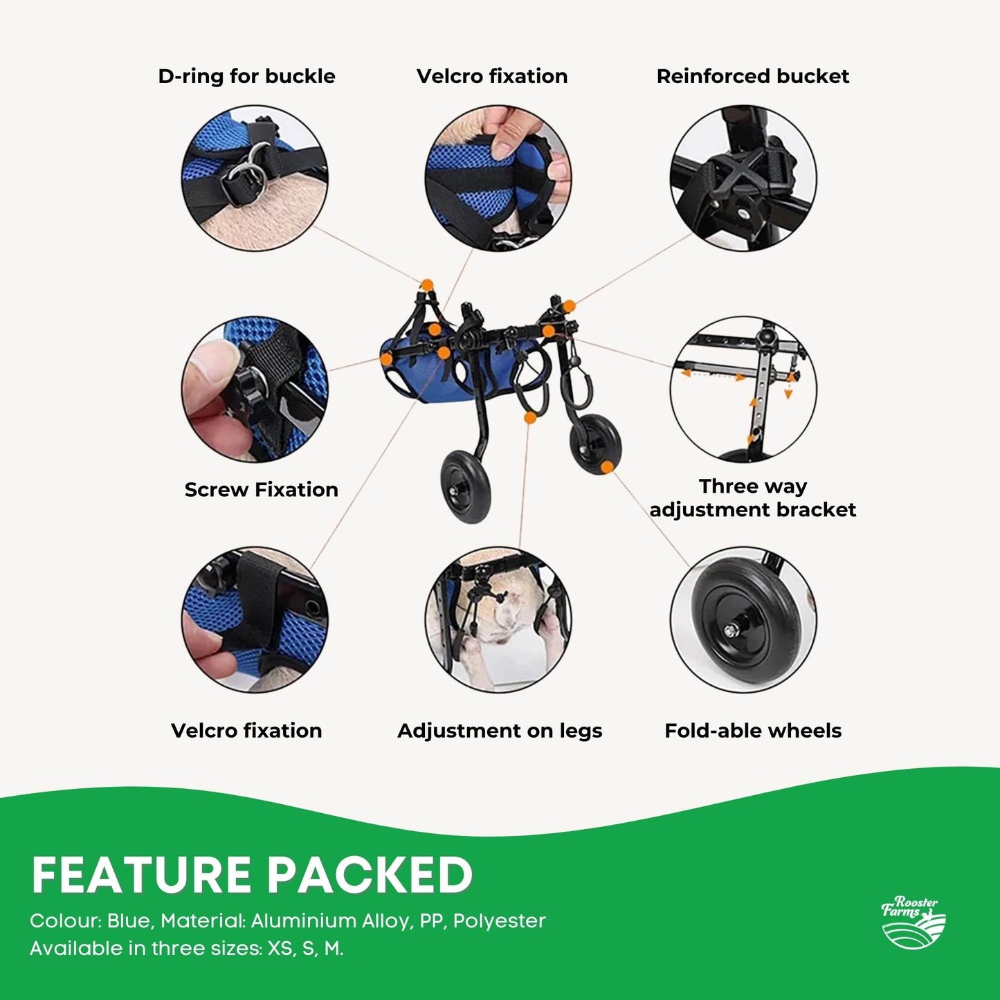 Rooster Farms Little Dog Breed Wheelchair - Back Hind Legs Adjustable Mobility Aid