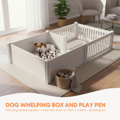 Rooster Farms 2.3m x 1.15m PVC Dog Whelping Box + Playpen Kit - Anti-Crush Rail