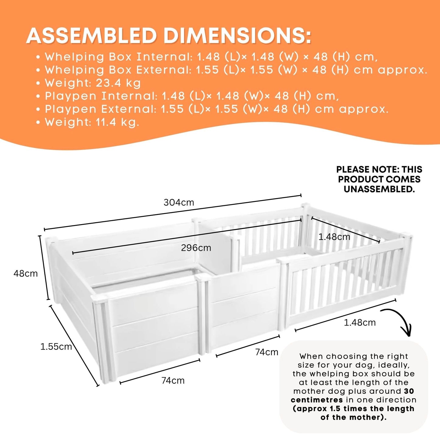 Rooster Farms 2.96m x 1.48m PVC Dog Whelping Box + Playpen Kit - Anti-Crush Rail