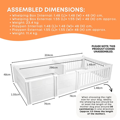 Rooster Farms 2.96m x 1.48m PVC Dog Whelping Box + Playpen Kit - Anti-Crush Rail