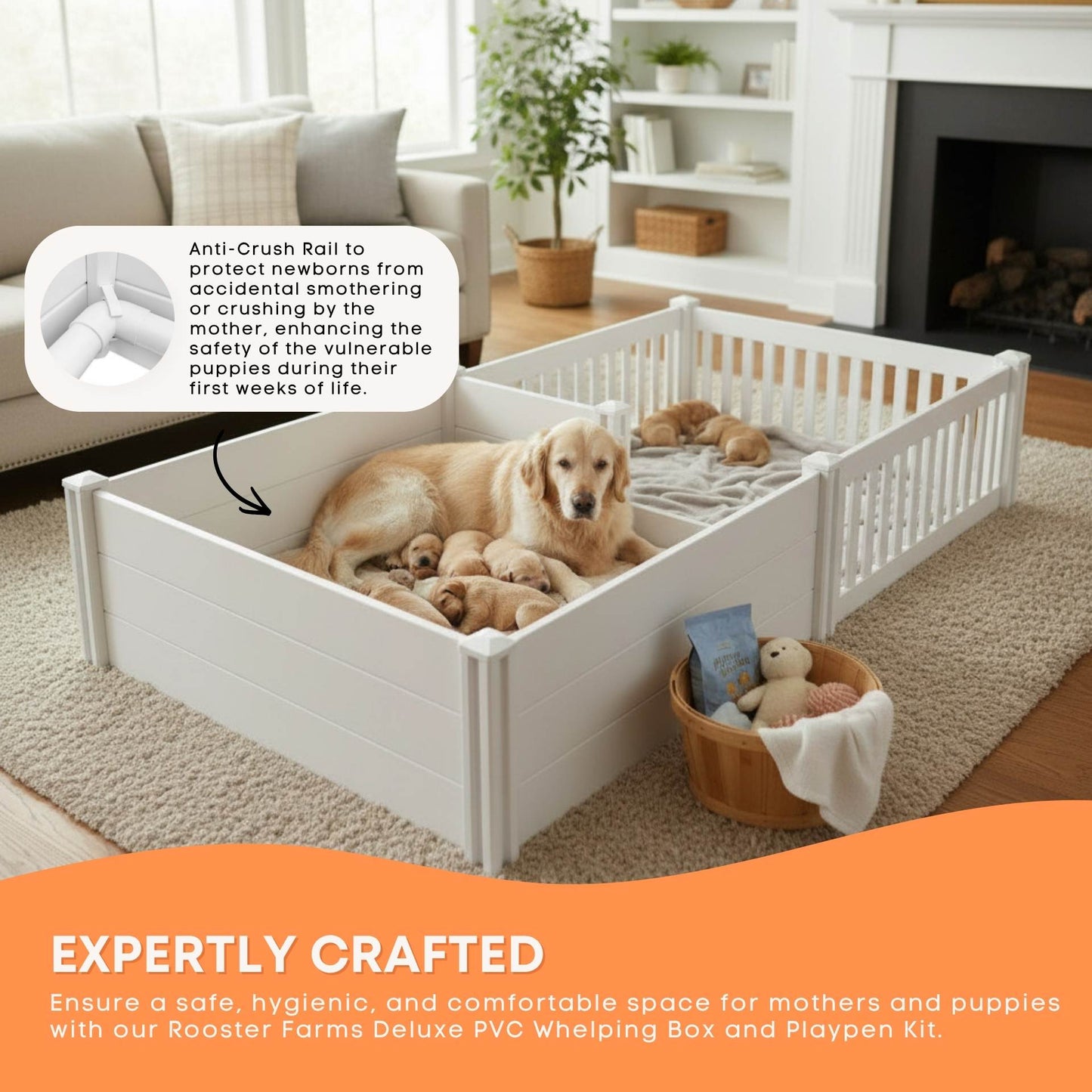 Rooster Farms 2.3m x 1.15m PVC Dog Whelping Box + Playpen Kit - Anti-Crush Rail