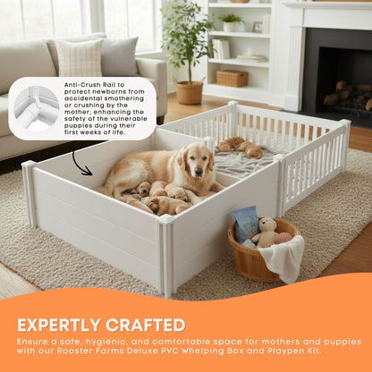 Rooster Farms 2.3m x 1.15m PVC Dog Whelping Box + Playpen Kit - Anti-Crush Rail