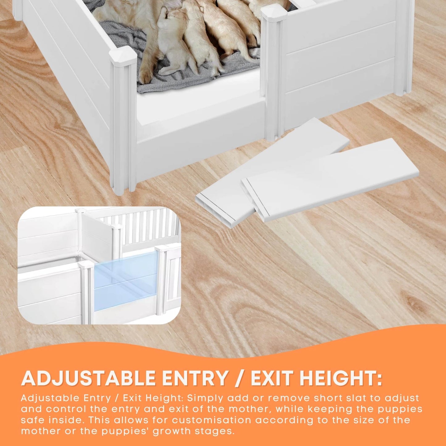 Rooster Farms 2.3m x 1.15m PVC Dog Whelping Box + Playpen Kit - Anti-Crush Rail