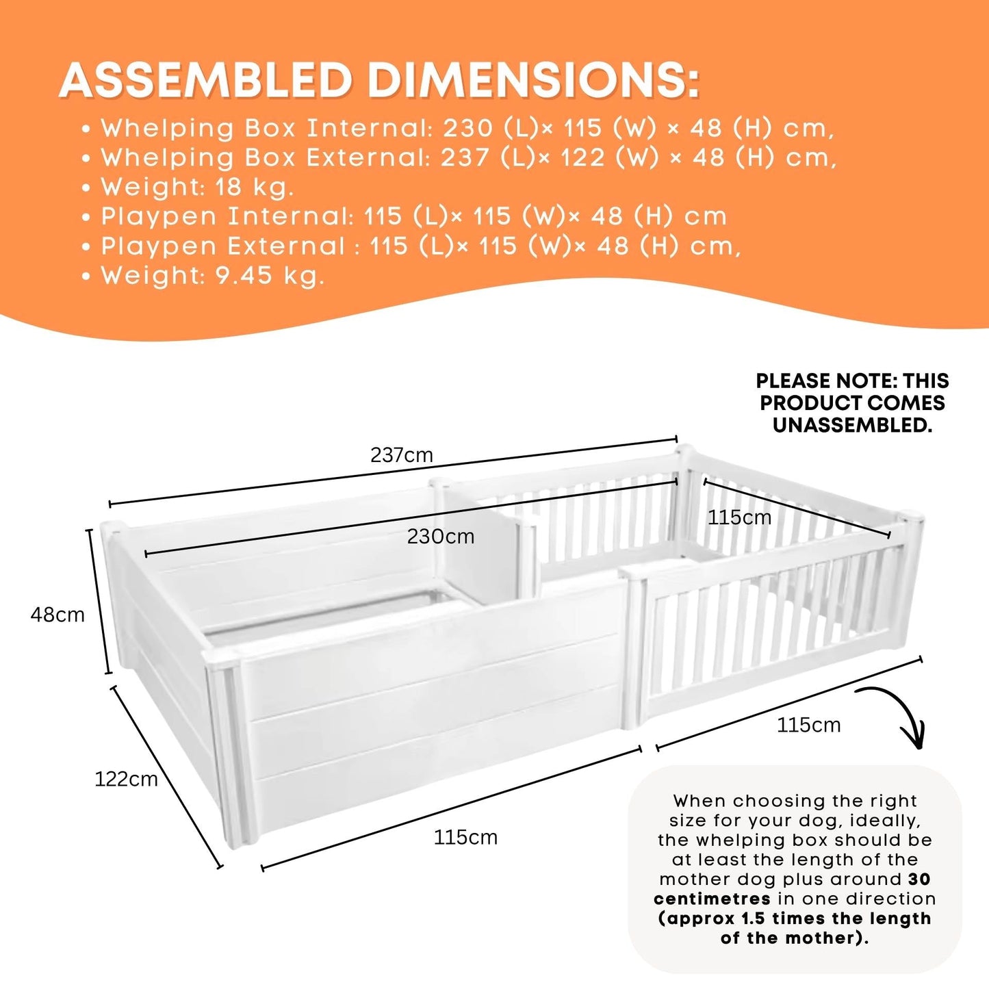 Rooster Farms 2.3m x 1.15m PVC Dog Whelping Box + Playpen Kit - Anti-Crush Rail