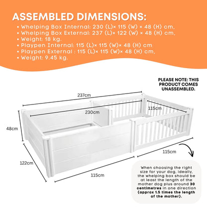 Rooster Farms 2.3m x 1.15m PVC Dog Whelping Box + Playpen Kit - Anti-Crush Rail
